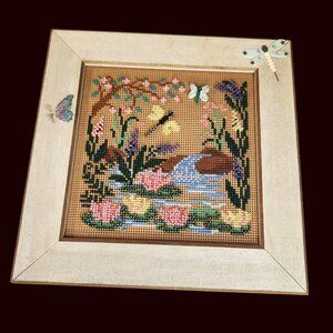 VTG Handcrafted Beaded Cross-Stitch Framed folk Art Dragonfly Butterfly Accents